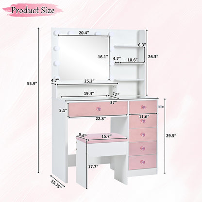 Merax Vanity Desk with Mirror and Lights, Pink Makeup Vanity Set with 9 LED Bulbs and Power Outlet, 6 Storage Drawer & Shelves, Dressing Table Set with Pink Vanity Stool for Girls & Women