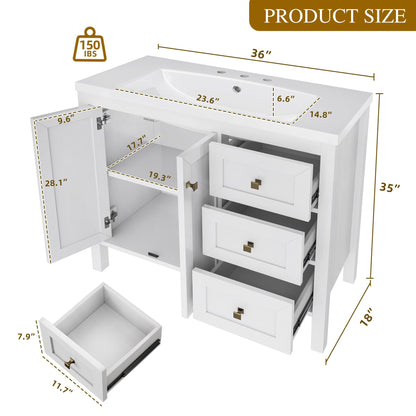DWVO 36 Inch Bathroom Vanity with Sink, Modern Bathroom Storage Cabinet with Resin Basin, Three Holes, 2 Doors & 3 Drawers