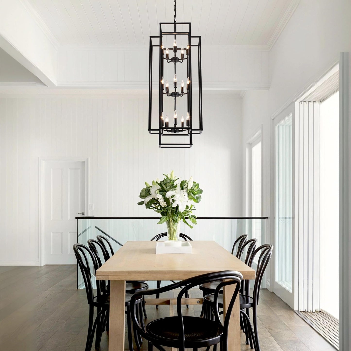 Xuridongsheng 15-Light Lantern Chandelier for Foyer Large Black High Ceiling Chandelier with 3-Tier Candle Design, Modern Farmhouse Entryway Lighting Fixture for Staircase, Two Story Living Room, E12