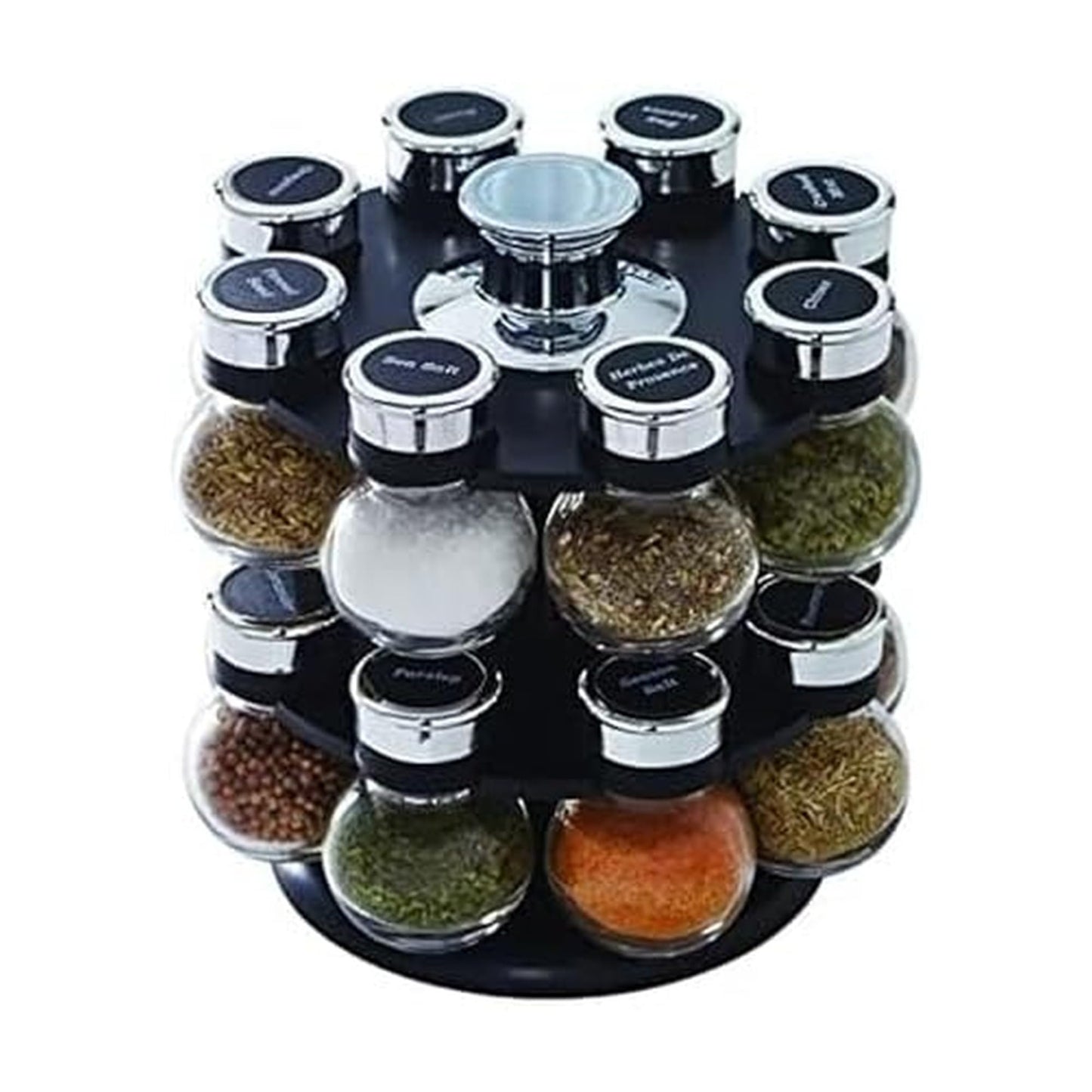 Kamenstein Ellington 16 Jar Revolving Spice Rack with Prefilled Spices - Rotating Chrome and Plastic Countertop Organizer with Sifter Caps and Labeled Lids