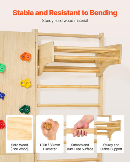 VEVOR Swedish Ladder Wall Gym, 9-in-1 12-Level Solid Wood Gymnastic Stall Bars for Kids Adults, 220LBS Indoor Jungle Gym with Rock Climbing Wall, Gym Rings, Pull-Up Bar, Climbing Board, Slide, Swing