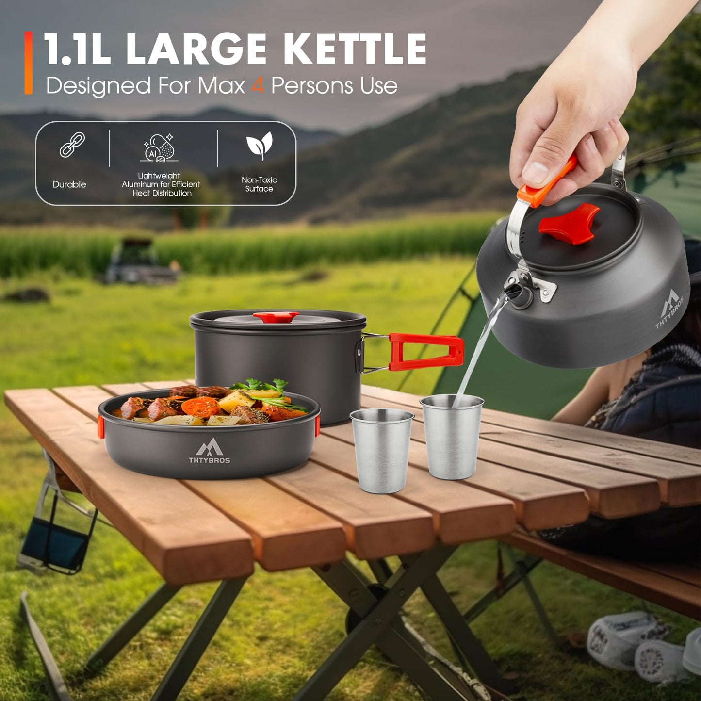 THTYBROS 17pcs Camping Cookware Kit, 0.45Gal Pot, 7inches Pan,0.30Gal Kettle Set with 2 Set Stainless Steel Cups Plates Forks Knives Spoons for Hiking,Camping,Backpacking,Outdoor Cooking and Picnic