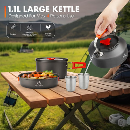 THTYBROS 17pcs Camping Cookware Kit, 0.45Gal Pot, 7inches Pan,0.30Gal Kettle Set with 2 Set Stainless Steel Cups Plates Forks Knives Spoons for Hiking,Camping,Backpacking,Outdoor Cooking and Picnic
