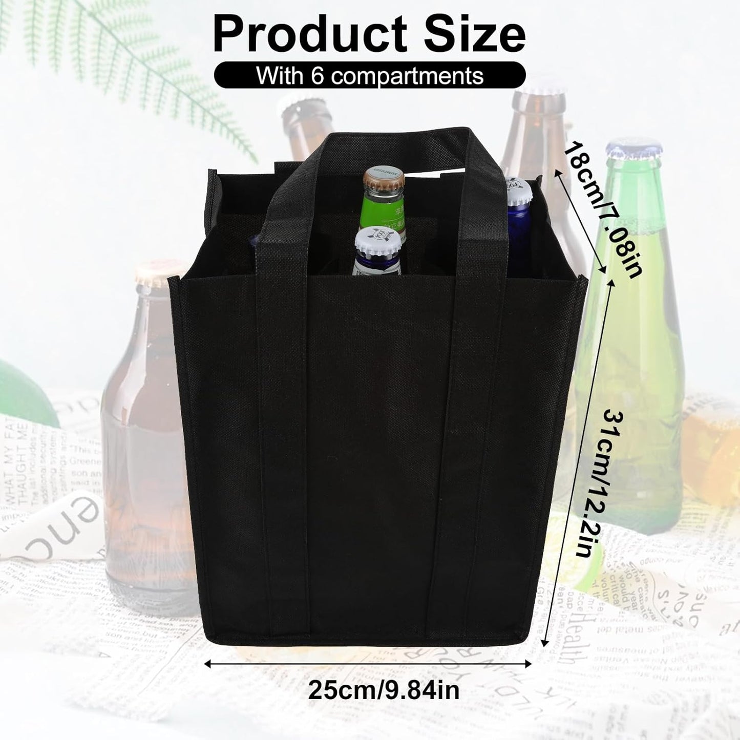 Reusable Wine Bottle Carrier Bag with 6 Compartments Dividers, Picnic Travel Shopping Fishing Party Holder
