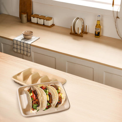 Hyuetrsa 50 Pcs Disposable Taco Holder for Party, 3 Compartments Paper Taco Tray Holder, Disposable Taco Plates with Dividers Taco Stand for Taco Tuesday Lazy Susan Taco Bar