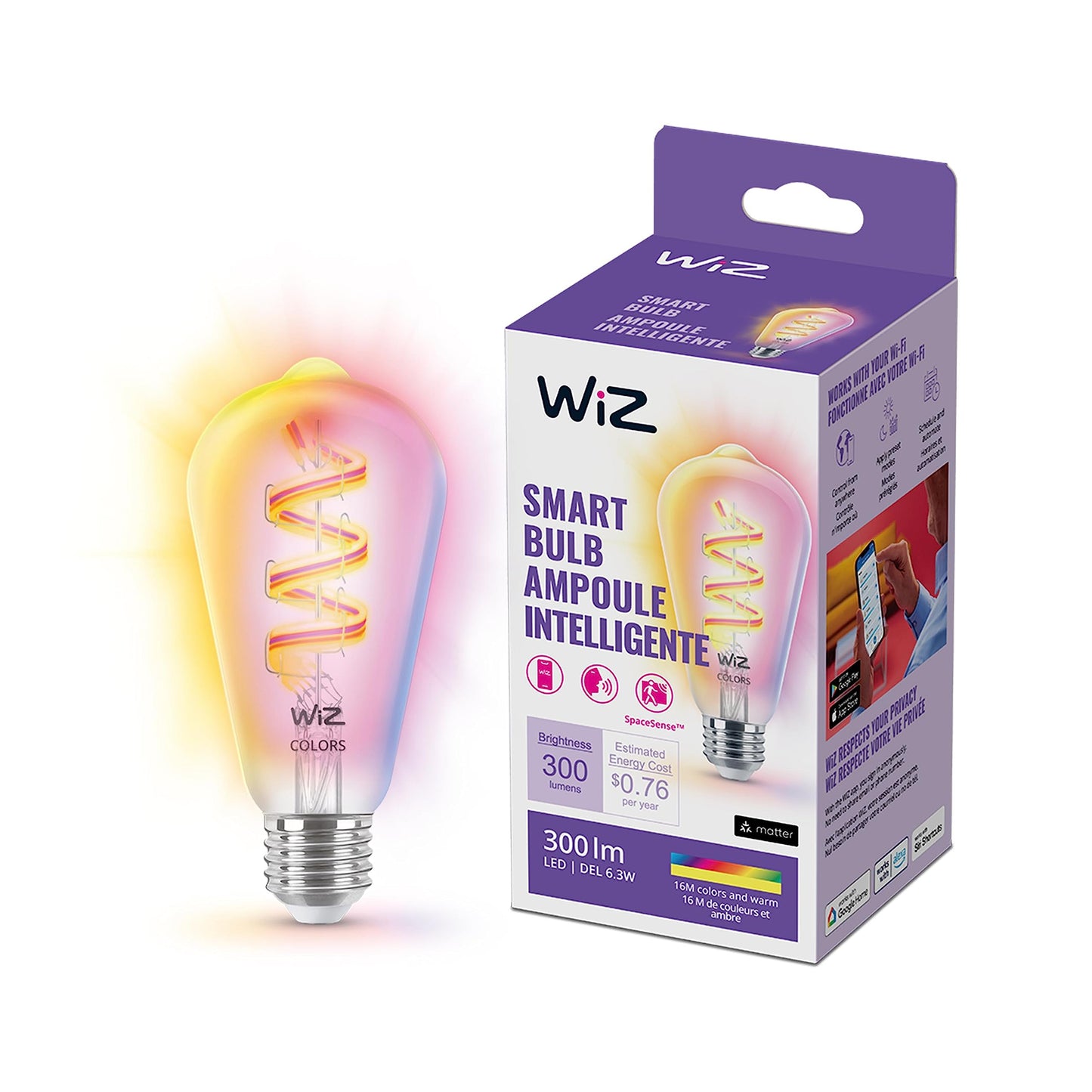 WiZ Clear 60W ST19 Tunable White Filament LED Smart Bulb - Pack of 6 - E26- Indoor - Connects to Your Existing Wi-Fi - Control with Voice or App + Activate with Motion - Matter Compatible