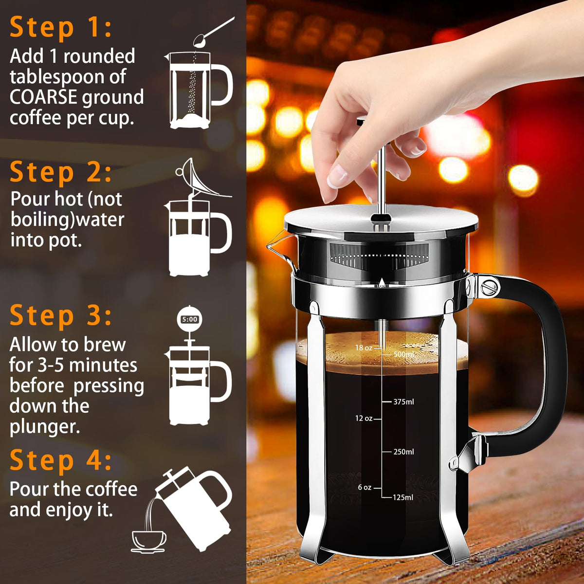 YMMIND French Press Coffee Maker 304 Stainless Steel Coffee Press,with 4 Filters System, Heat Resistant Thickness Borosilicate French Press Glass, BPA-Free Brewed Tea Pot Coffee Plunger(Copper 12oz)