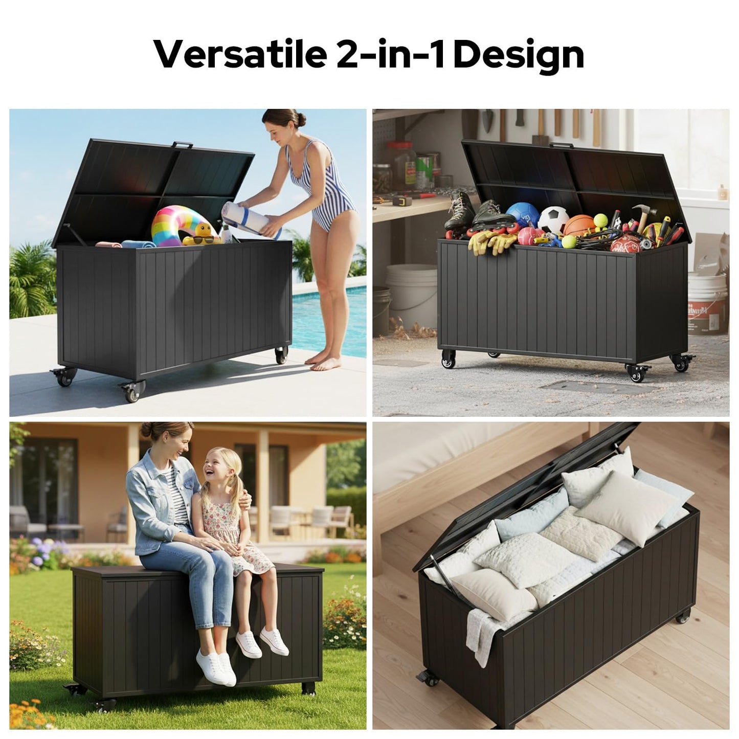 RICNOD Outdoor Storage Box with Wheels 150 Gallon, Mobile Aluminum Deck Boxes Outdoor Waterproof, UV Resistant Patio Storage Box with Lid for Patio Furniture, Garden Tools, Outdoor Cushion(Blank)