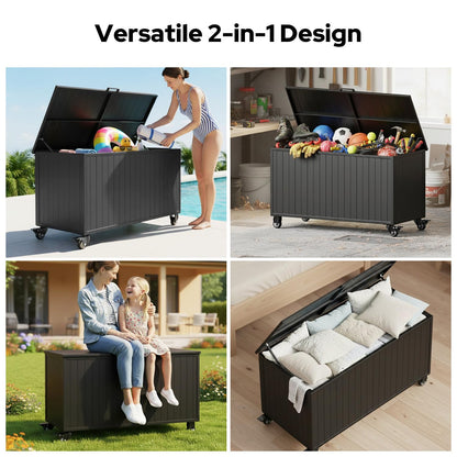 RICNOD Outdoor Storage Box with Wheels 150 Gallon, Mobile Aluminum Deck Boxes Outdoor Waterproof, UV Resistant Patio Storage Box with Lid for Patio Furniture, Garden Tools, Outdoor Cushion(Blank)