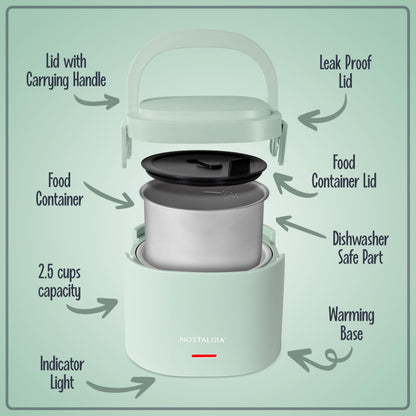 Nostalgia Portable Heated Lunch Box – 2.5-Cup Stainless Steel Food Warmer – Detachable Cord, Leak-Proof Lid, Carry Handle – Portable for Work & Travel – Sage