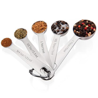 Doosu Measuring Spoons Set of 5-18/8 Stainless Steel Heavy Duty Teaspoons Tablespoons with Engraved Metric & US Measurements, Metal Measure Spoon for Dry and Liquid Ingredients, Dishwasher Safe