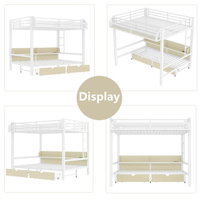 Bellemave Queen Over Queen Metal Bunk Bed with Storage Drawers and Shelves, Heavy Duty Bunk Beds with LED Lights and Charging Station for Kids,Adults,Convertible into a Sofa Bed,White
