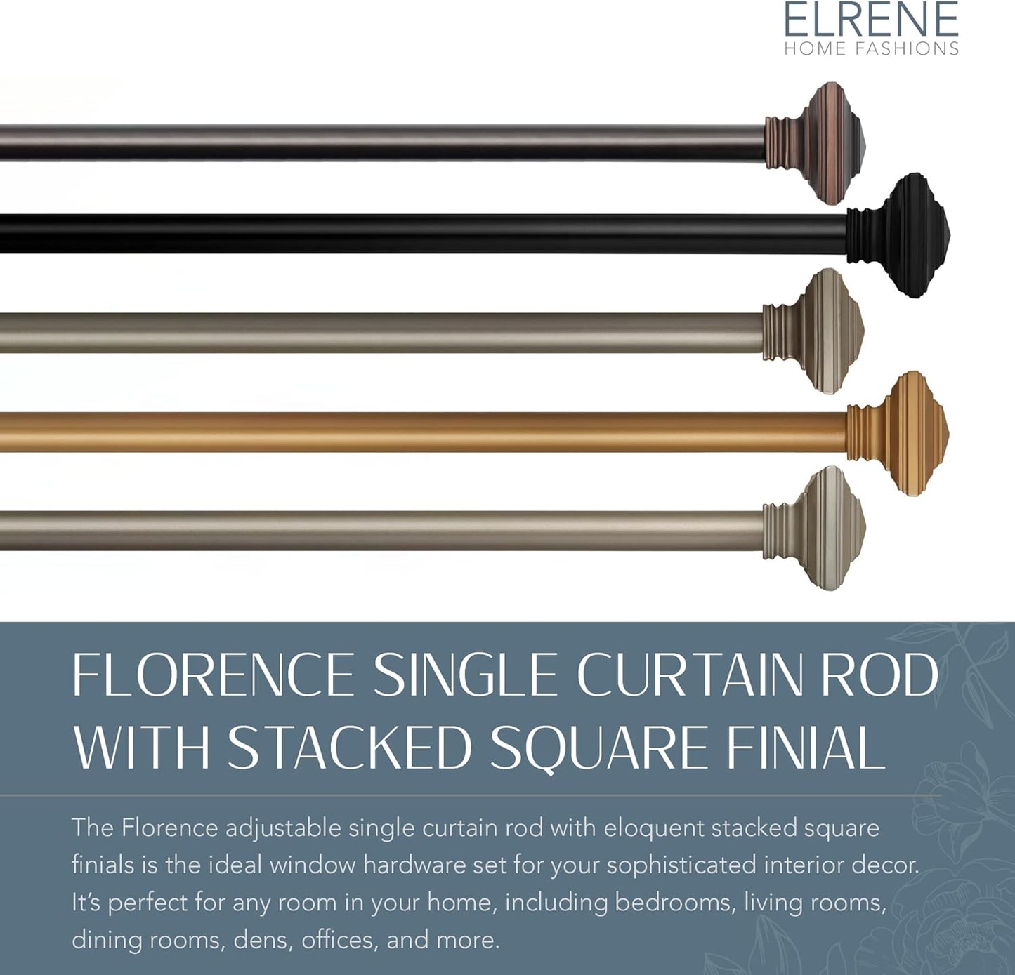Elrene Home Fashions Florence Single Curtain Rod - Stacked Square Finials, 1" Diameter, Antique Bronze