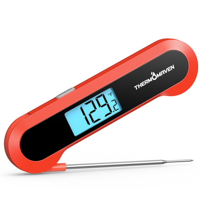 Professional 0.5 Sec Instant Read Meat Thermometer Digital, NIST Certified ±0.5℉ Accuracy, Auto Rotate Large LCD Display, Highly Waterproof Cooking Thermometer for Baking Grill BBQ Smoker Oven, Red