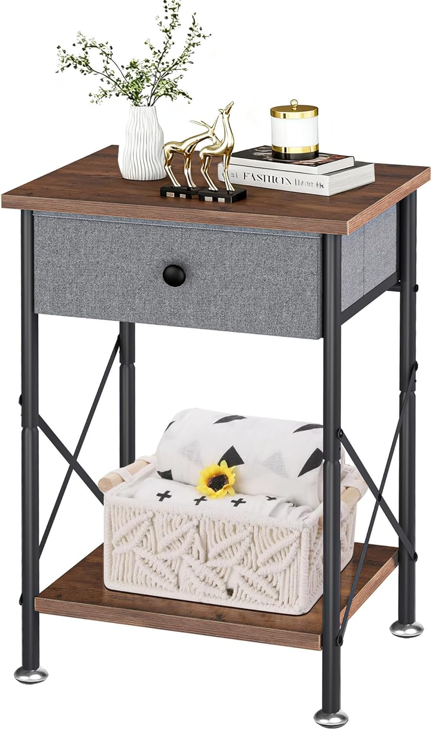 Brown,1 Pack VECELO End Tables, Modern Nightstands with Drawer & Open Shelf, Side Table for Bedroom Living Room