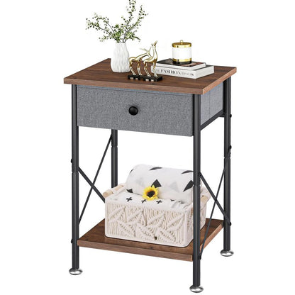 VECELO End Tables, Modern Nightstands with Drawer & Open Shelf, Side Table for Bedroom Living Room, Industrial Metal Frame, Easy Assembly, Rustic Brown,1 Pack