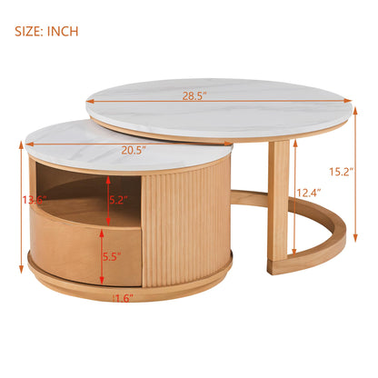 Merax 28.5" Round Nesting Coffee Table Set, Elegant Luxurious White Marble Top, Wood Finish, 2-Tier Storage and 1 Drawer for Living Room Apartment, Natural