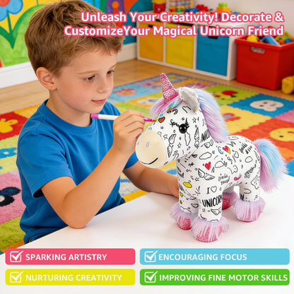 DIY Unicorn Plush – Paint Your Own Unicorn Doll w/ 12 Markers, Washable & Repaintable, Arts & Crafts Kit for Kids Ages 6+, Fabric Painting Supplies, Art Activities for Girls & Boys, Birthday Gift Idea