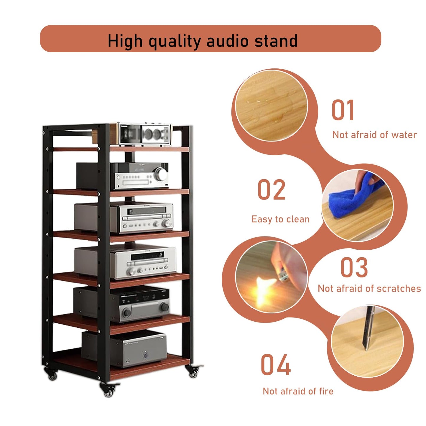 Dernoing 6 Tier Audio Rack Tower, CD Record Player Stereo Receiver AV Equipment Cabinet Display Rack, Weight Capacity 661 lbs, with Adjustable Wooden Shelves for Home (6 Tier Teakwood)