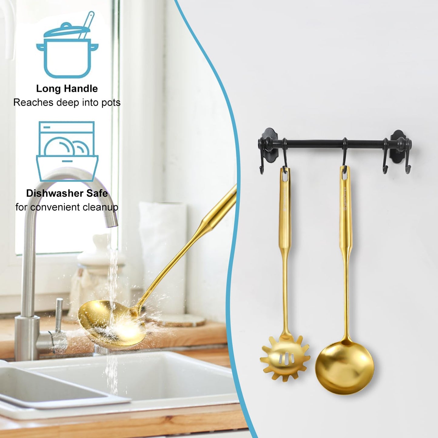 Gold Soup Ladle and Spaghetti Spoon Set - 18/10 Stainless Steel Soup Spoon，Pasta Strainer, 13.8" Kitchen Utensils for Cooking，Stirring, Serving Pasta, Soup & Sauce, Christmas Gifts