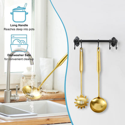 Gold Soup Ladle and Spaghetti Spoon Set - 18/10 Stainless Steel Soup Spoon，Pasta Strainer, 13.8" Kitchen Utensils for Cooking，Stirring, Serving Pasta, Soup & Sauce, Christmas Gifts