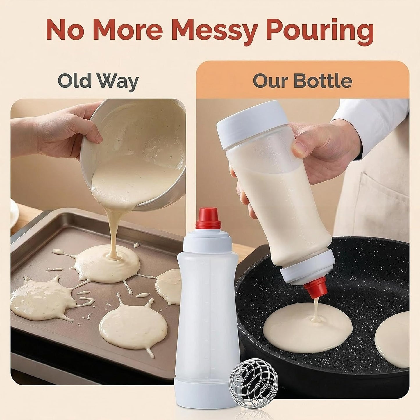 One Pack Pancake Batter Dispenser with BlenderBall and Wire Whisk, 33 Oz Silicone Squeeze Pancake Mix Dispenser, Kitchen Pancake Batter Dispenser Bottle for Waffle Cupcakes Muffins Crepes Qatayef