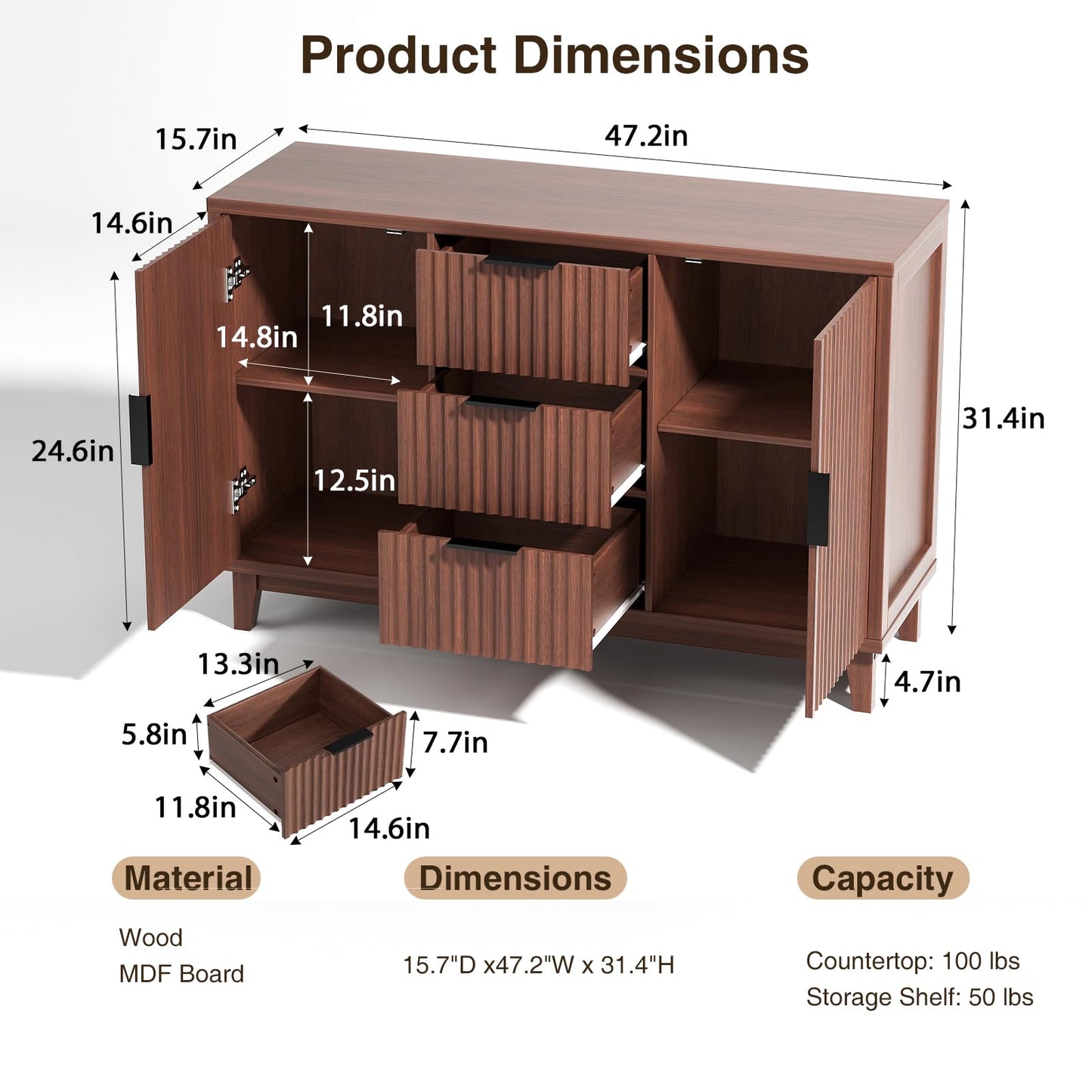 47.2" W Storage Cabinet with 3 Drawers, Fluted Buffet Cabinet with Storage, Large Sideboard with 2 Door, Modern Mid Century TV Stand Coffee Bar Cabinets for Living Room, Kitchen, Entryway