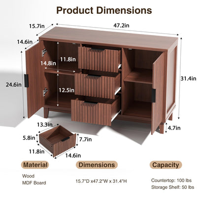 47.2" W Storage Cabinet with 3 Drawers, Fluted Buffet Cabinet with Storage, Large Sideboard with 2 Door, Modern Mid Century TV Stand Coffee Bar Cabinets for Living Room, Kitchen, Entryway
