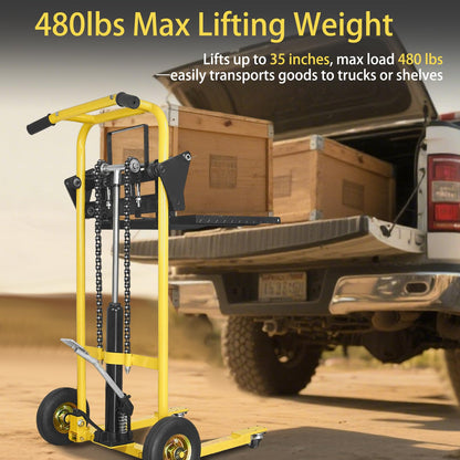 Hydraulic Material Lift, Pallet Jack Table Cart- 480-Lb. Capacity, 35in Lift. with Swivel Wheels, Steel Platform Board (03 Yellow, 480 LB)