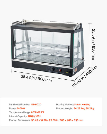 VEVOR 3-Tier Commercial Food Warmer Display, 1400W Food Display Warmer with LED Light, Top Storage and Adjustable Shelves, 86℉~185℉ Steam Heating, 105L for Hamburger, Pizza, Bread, Fried Chicken