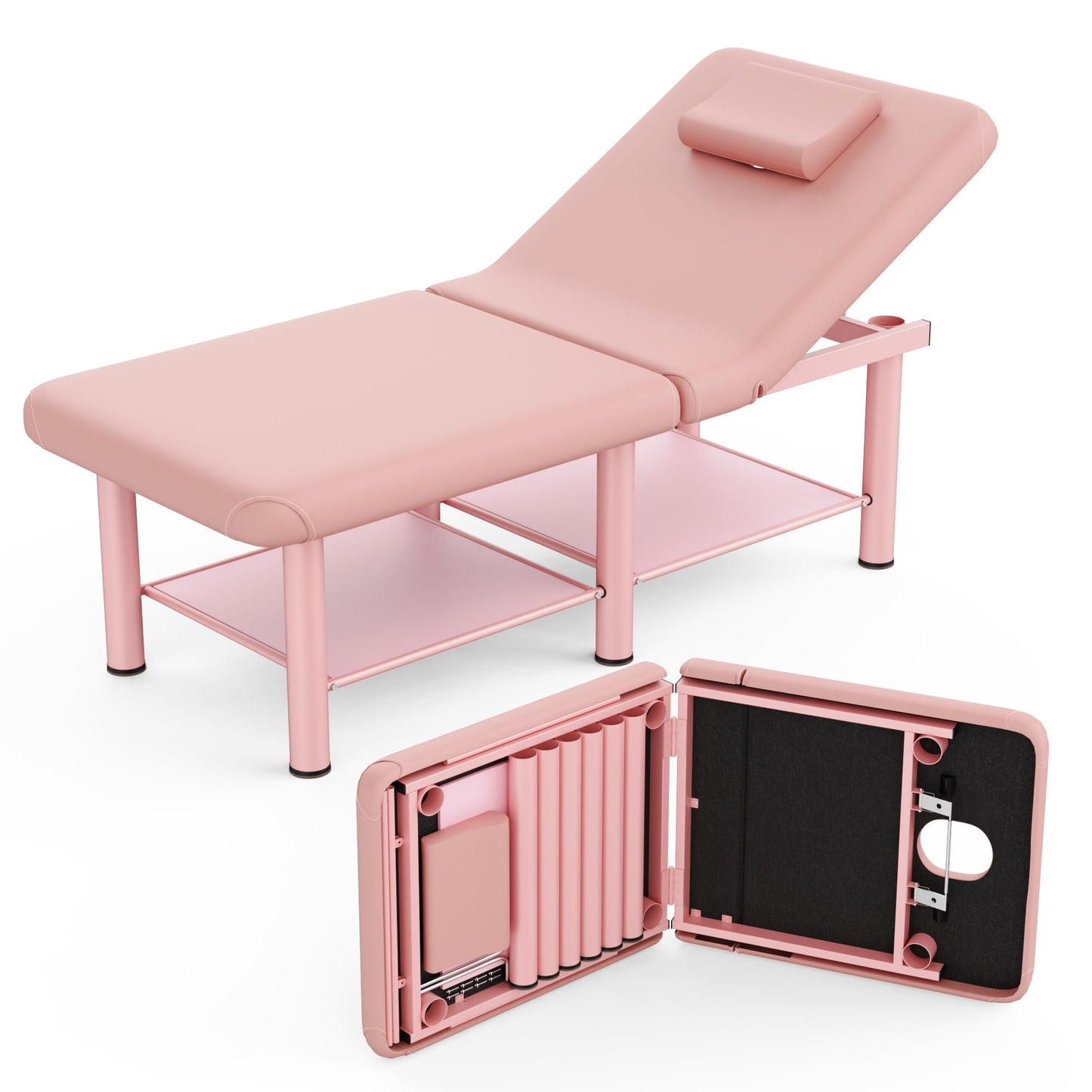 Folding Stationary Massage Table with Backrest and Storage Space for Treatment Table Physical Therapy Table Spa Facial Bed, 6 Round legs Metal Frame PU Leather, 30.5'' Wide × 75'' Long - Pink