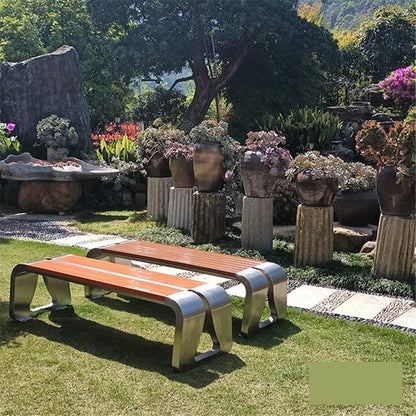FYorbitH bancas de Patio Exterior Park Outdoor Bench with Backrest Stainless Steel Seat Wooden Brown Color
