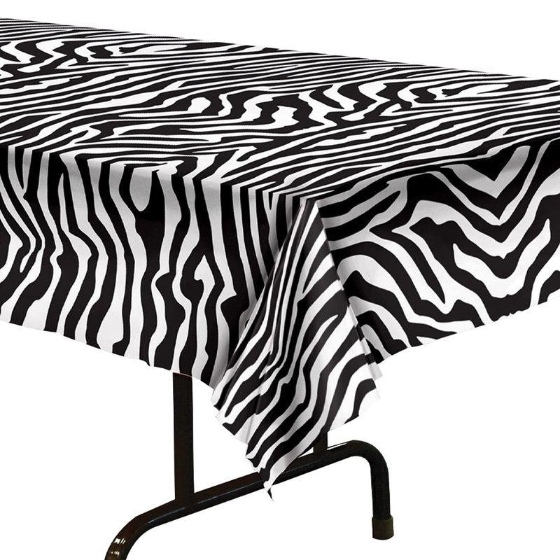 Beistle Plastic Disposable Rectangular Zebra Print Table Cover Bachelorette Birthday Party Supplies and Tableware, 54"x108", Black, White