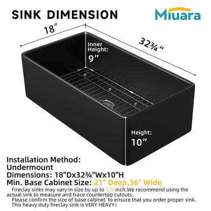 Miuara Black Farmhouse Sink 33 Inch - Large Apron Front Kitchen Sink Single Bowl 33"x18", Undermount Farm House Style, Heavy Duty Solid Fireclay, Matte Black, for Kitchen