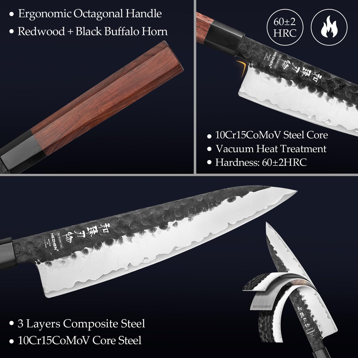 HEZHEN Knife Block Set, 7 Piece Chef Knife Set with Block&Siccor, 3 Layers Clad Steel Kitchen Knife, Kitchen Scissors Acacia Wood Knife Block, Room-saving, Gift Ready Set
