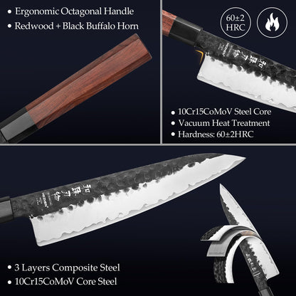HEZHEN Knife Block Set, 7 Piece Chef Knife Set with Block&Siccor, 3 Layers Clad Steel Kitchen Knife, Kitchen Scissors Acacia Wood Knife Block, Room-saving, Gift Ready Set