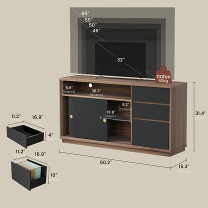 ModernMate 60" File Cabinet with 3 Drawer, Large Storage Sideboard, Filing Cabinet with Built-in Outlet and Adjustable Shelf for Living Room Study Home Office, 15.4" D x 60.2" W x 31.5" H