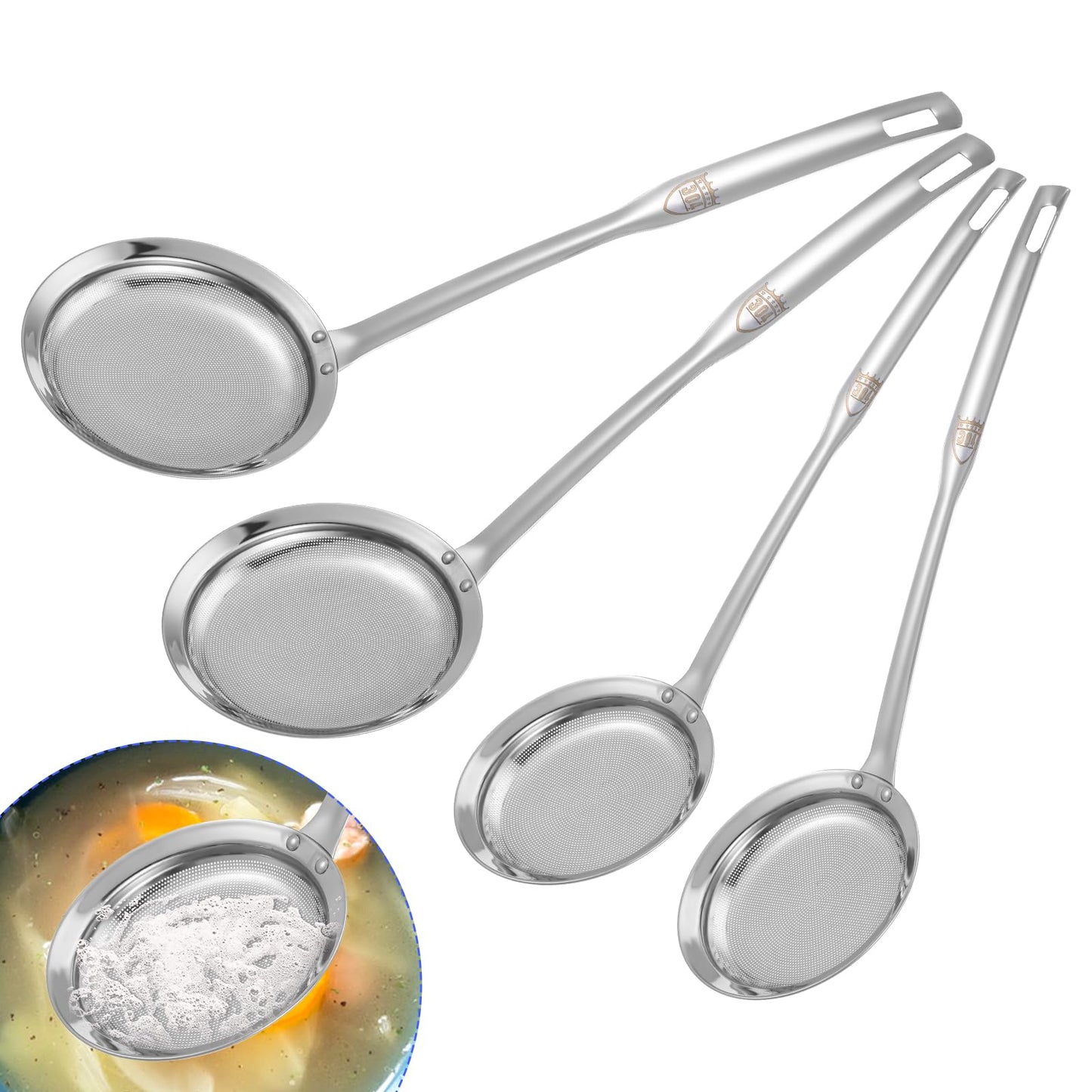 Stainless Steel Fine Mesh Strainer, Set of 4 Fine Mesh Sieve for Kitchen Cooking, Long Handle Food Strainer Steel Colander (Set of 2 Sizes)