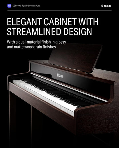 Donner DDP-400 Digital Piano with 88 Key Progressive Weighted Keyboard, Premium Upright Piano Keyboard for Professional, Bundle with Headphone, Bluetooth, Record,138 Tones,100 Rhythms, LCD, Brown