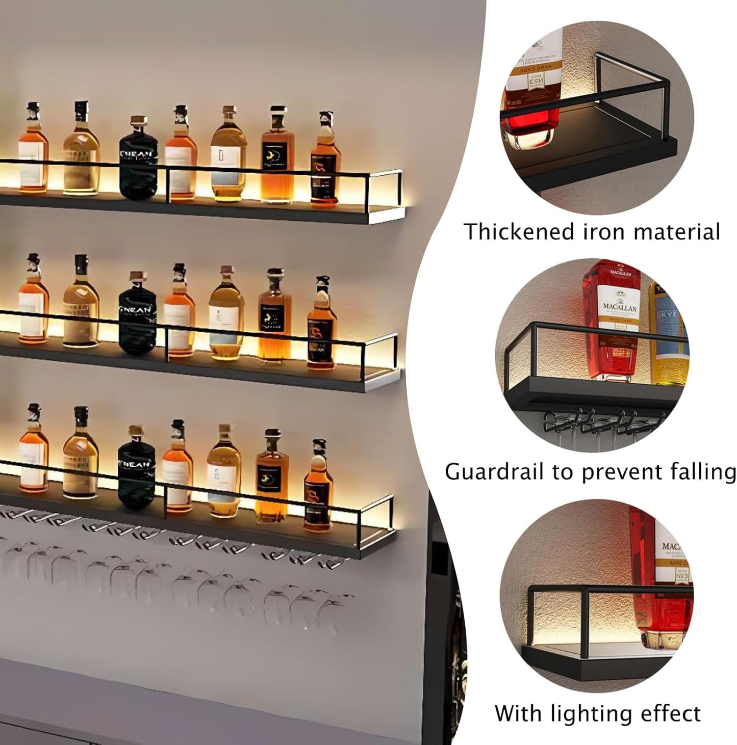 VITNSVILE Metal Wall Mounted Wine Rack with LED Light, 3 Tiers Liquor Bottles Floating Shelves with Glass Holder, Wine Shelf Industrial Bar Shelves for Home Bar Dining (Black, 180cm/71in)