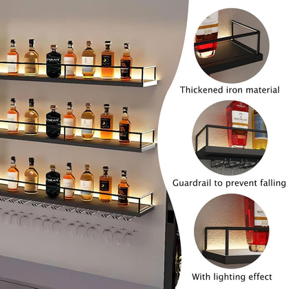 VITNSVILE Metal Wall Mounted Wine Rack with LED Light, 3 Tiers Liquor Bottles Floating Shelves with Glass Holder, Wine Shelf Industrial Bar Shelves for Home Bar Dining (Black, 180cm/71in)