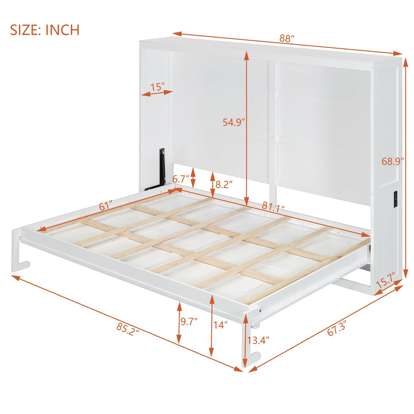 Ball & Cast Murphy Bed Queen Size Wall Chest with Charging Station and Slat Support,Wood Hideaway Cabinet Platform Bedframe w/Leg,can be Folded,Space-Saving,for Small Room,Dorms,White