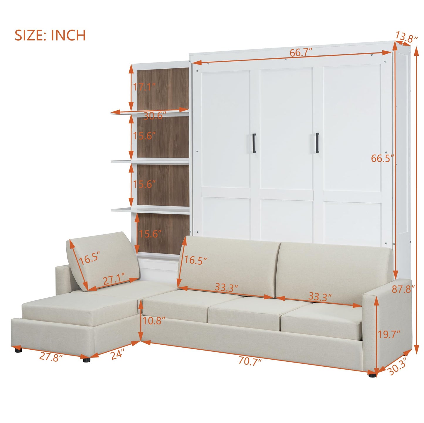 Ball & Cast Murphy Bed Queen Size Wall Chest with Sofa and Shelves,Wood Hideaway Cabinet Platform Bedframe w/Slat Support,can be Folded,Space-Saving,for Small Room,Dorms,White