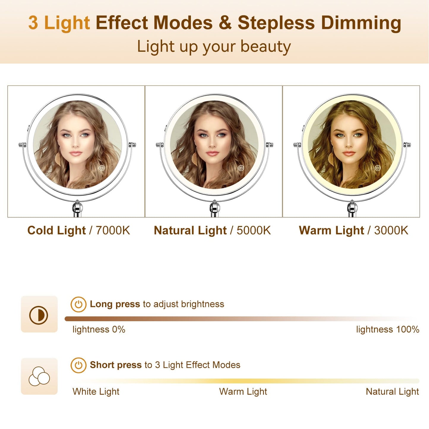 9" Wall Mounted Lighted Makeup Mirror,4000mAh Rechargeable Double Sided 1X/10X Magnifying Mirror with Light,Touch Dimmable,Extended Arm 360 Rotation Wall Mounted Makeup Mirror 3 Color Lights-Black