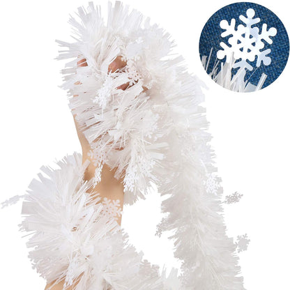 CCINEE 33FT Christmas Tinsel Garland, White Metallic Twist Garland with Snowflakes for Home Decoration