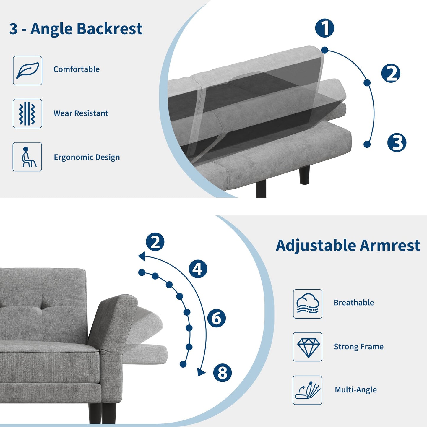 Garvee 89" Futon Sofa Bed, Modern Futon Couch Bed with Adjustable Backrest & Armrest, Comfy Convertible Sleeper Couch for Living Room Bedroom Apartment, Grey