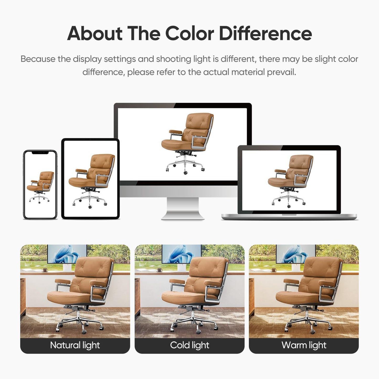 Genuine Leather Office Chair, Mid Back Executive Desk Chairs with Aluminum Arms and Wheels, Swivel Office Leather Chair with Thickened Backrest and Ergonomic Lumbar Support, Light Brown