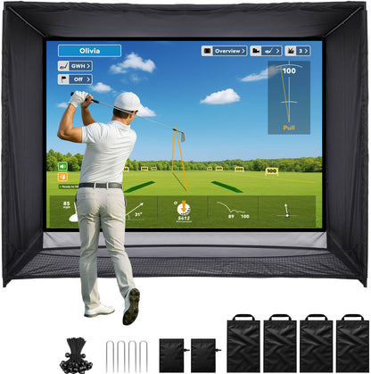 ZEALFEEL Golf Simulator Enclosure, 11x8FT Golf Net with HD Impact Screen & Side Barriers – Dual-Layer Impact Screen, Foam-Padded Frame, Indoor Cage Net for Home Garage Studio