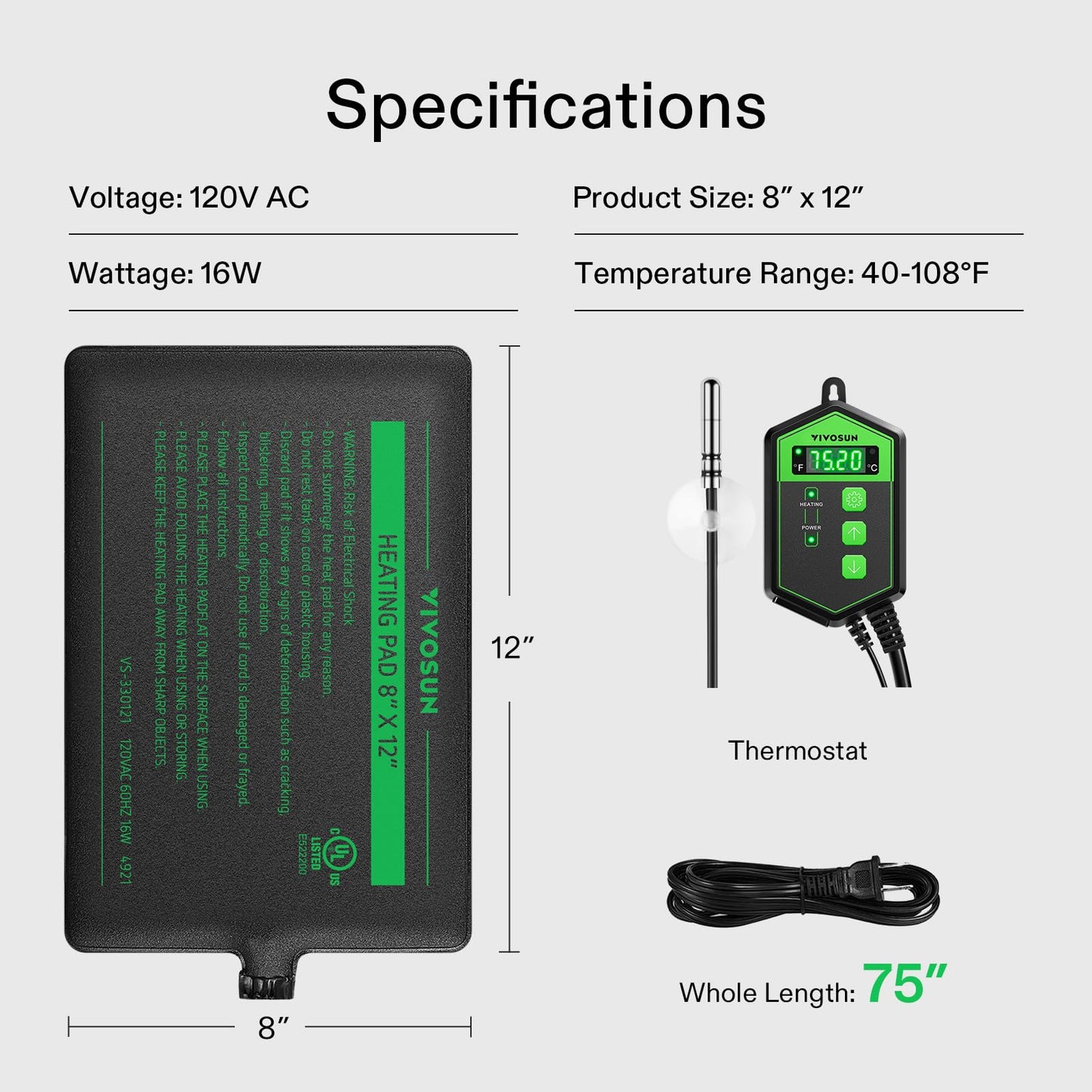 VIVOSUN Reptile Heating Pad 8x12 Inch with Thermostat Combo Under Tank Terrarium Heating Mat for Turtles, Lizards, Frogs, and Other Reptiles