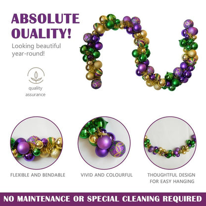 6 Ft Mardi Gras Garland with Purple Green Gold Glitter Balls, Carnival Bead Decor for Front Door, Mantel, Wall and Fireplace, Festive Fat Tuesday Indoor Outdoor Party Supplies